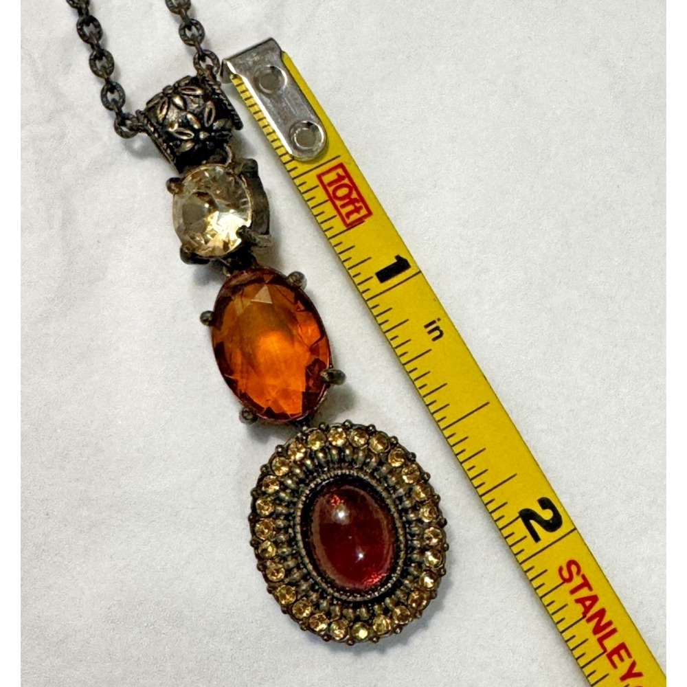 NRT Vintage Style Amber Red Tiered Glass Rhinestone Bronze Drop Pendant Necklace